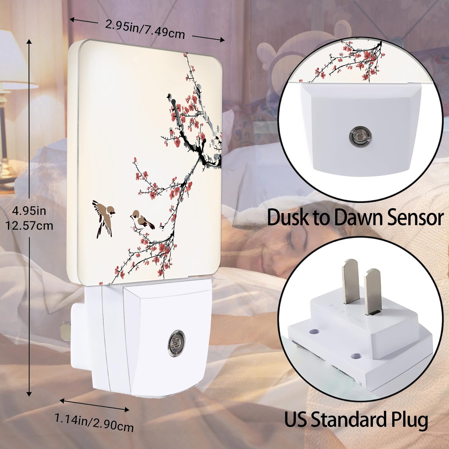 Jopowide Retro Bird Night Light, Cherry Blossoms Night Lights Plug into Wall Decor for Bedroom, Bathroom, Hallway, Kitchen, Dusk to Dawn Sensor