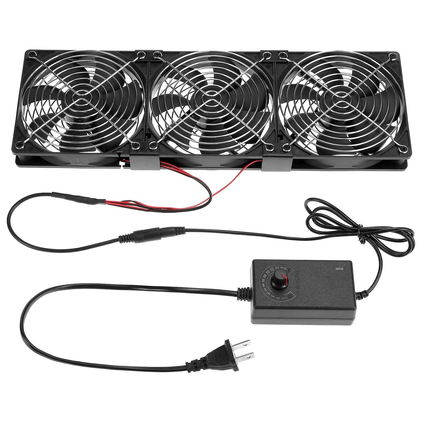 QWORK Dual Ball 120mm Triple Cooling Fan Kit with Variable Speed Controller, AC Plug DC 12V, 62 CFM, Dual-Ball Bearings