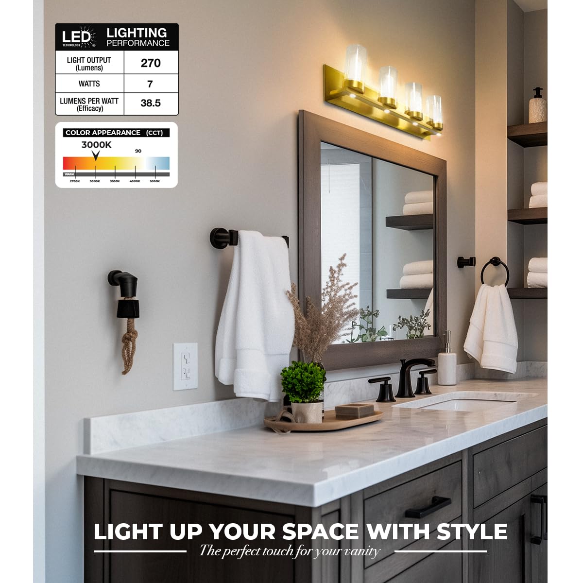 LYTIO 4-Light LED Vanity Bar Light - Modern Bathroom Wall Lamp to Install Over The Sink or Mirror - Includes LED Bulbs (Brass)