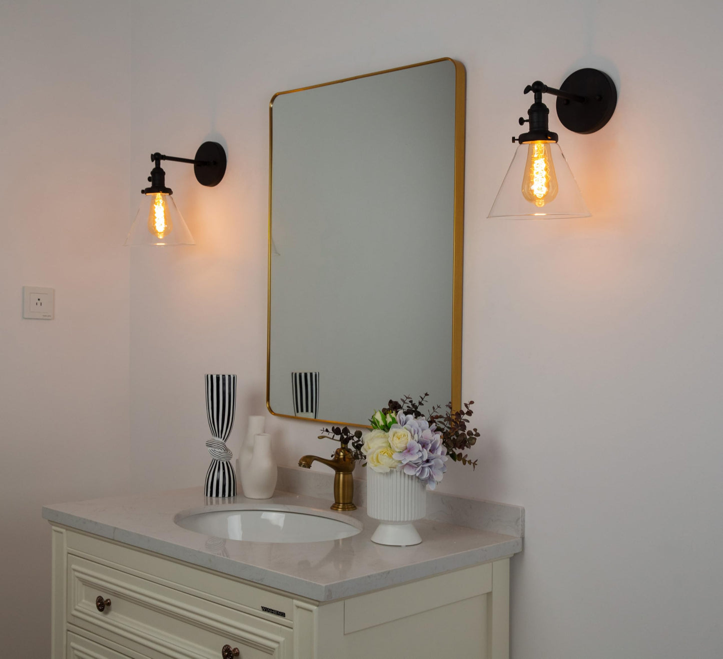 Pathson Hardwired Wall Sconce with Switch, Indoor Wall Lighting Fixtures with Funnel Clear Glass Shade, Vintage Vanity Lamps for Bathroom Lighting