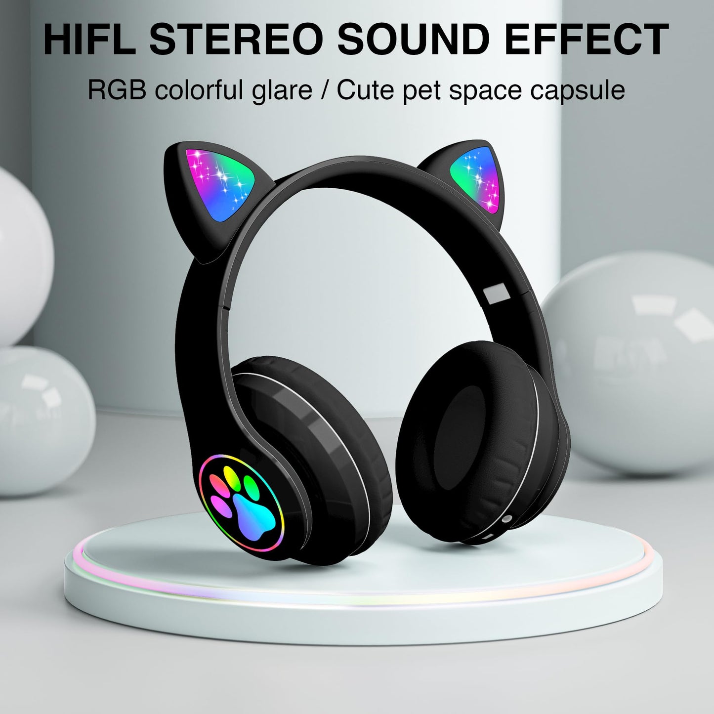 KERHAND Bluetooth Noise Cancelling Headphones for Kids,Foldable Cat Headphone with LED Light Up Ear,Cat Ear Headphones for Toddler with Microphone/TF