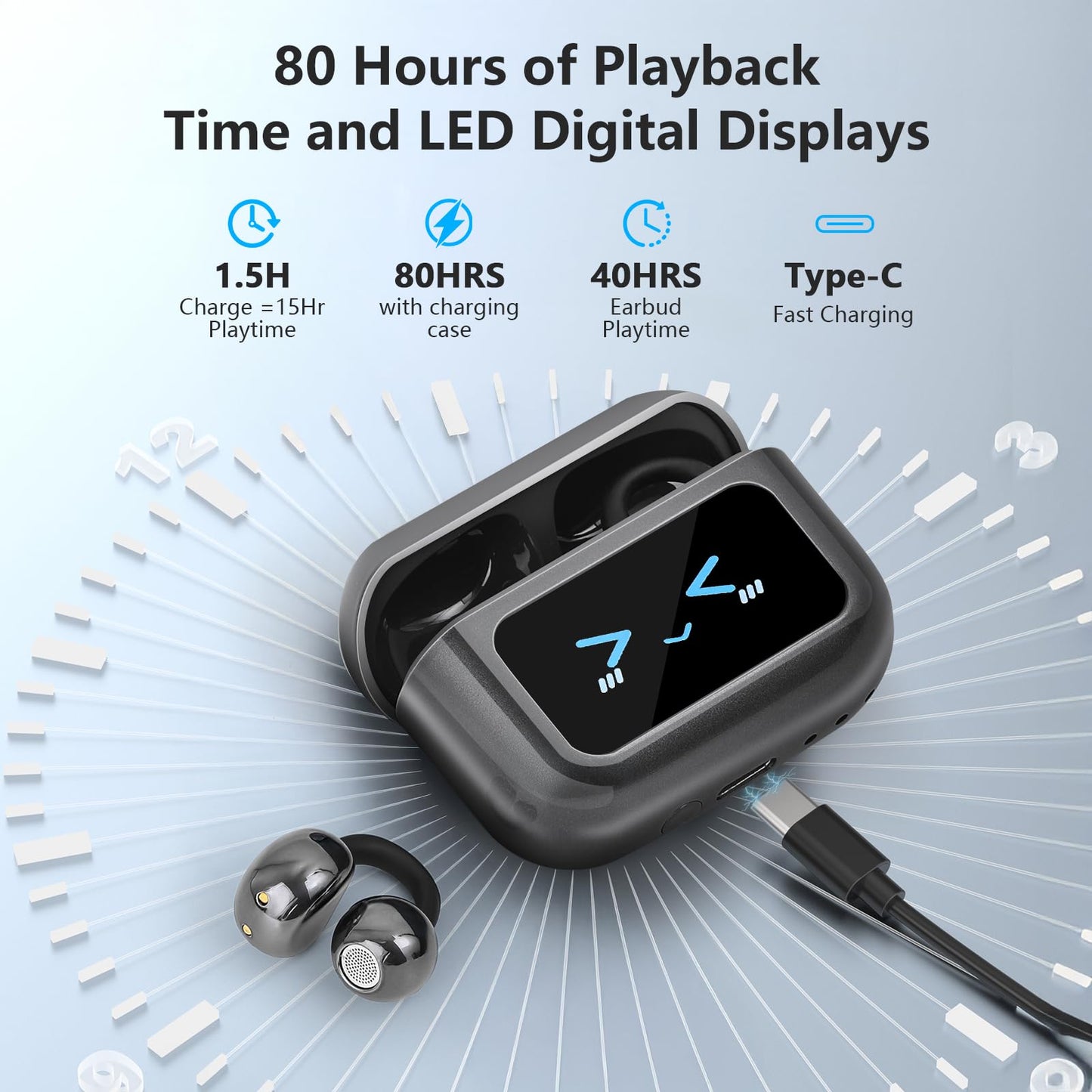 Open Ear Bone conduction Headphones Bluetooth 5.4 Wireless Clip On Earbuds with Digital Display Charging Case 40 Hours Playtime Sport Earphones