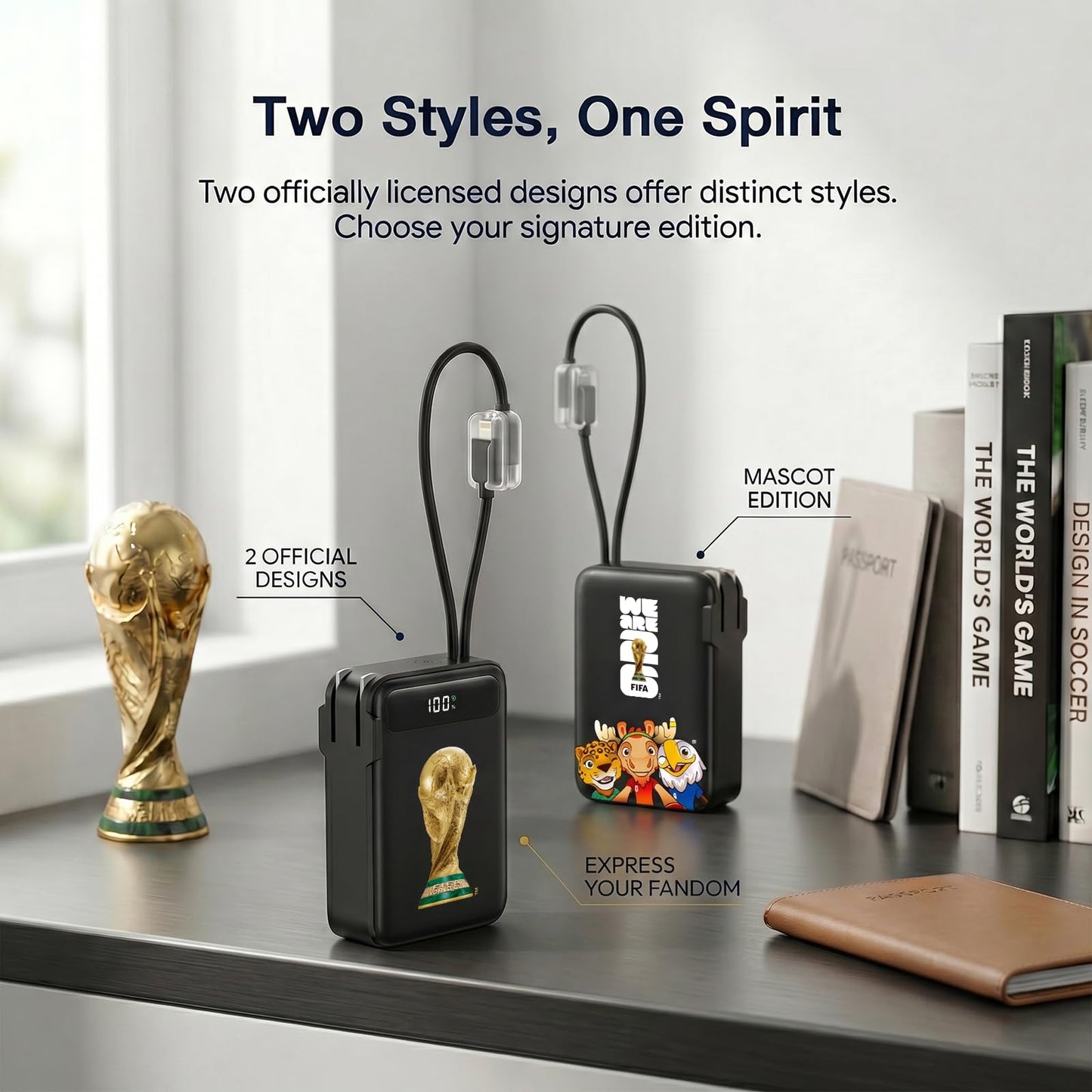2026 FIFA Licensed Power Bank with Built-in Cable and Foldable Wall Plug, 22.5W 10000mAh Portable Charger, 3-in-1 Power Bank for iPhone 17/16/15