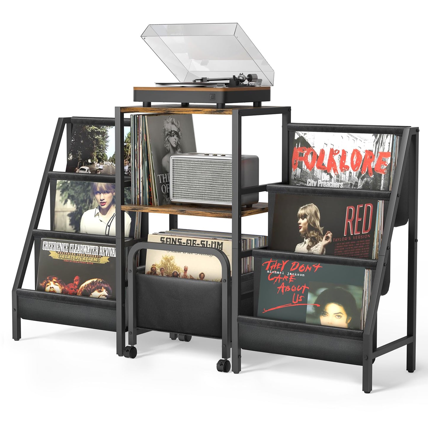 Tewinko Record Player Stand with Vinyl Storage Cart, Record Player Table with Record Storage 200 Albums, Turntable Stand with Record Holder Vinyl