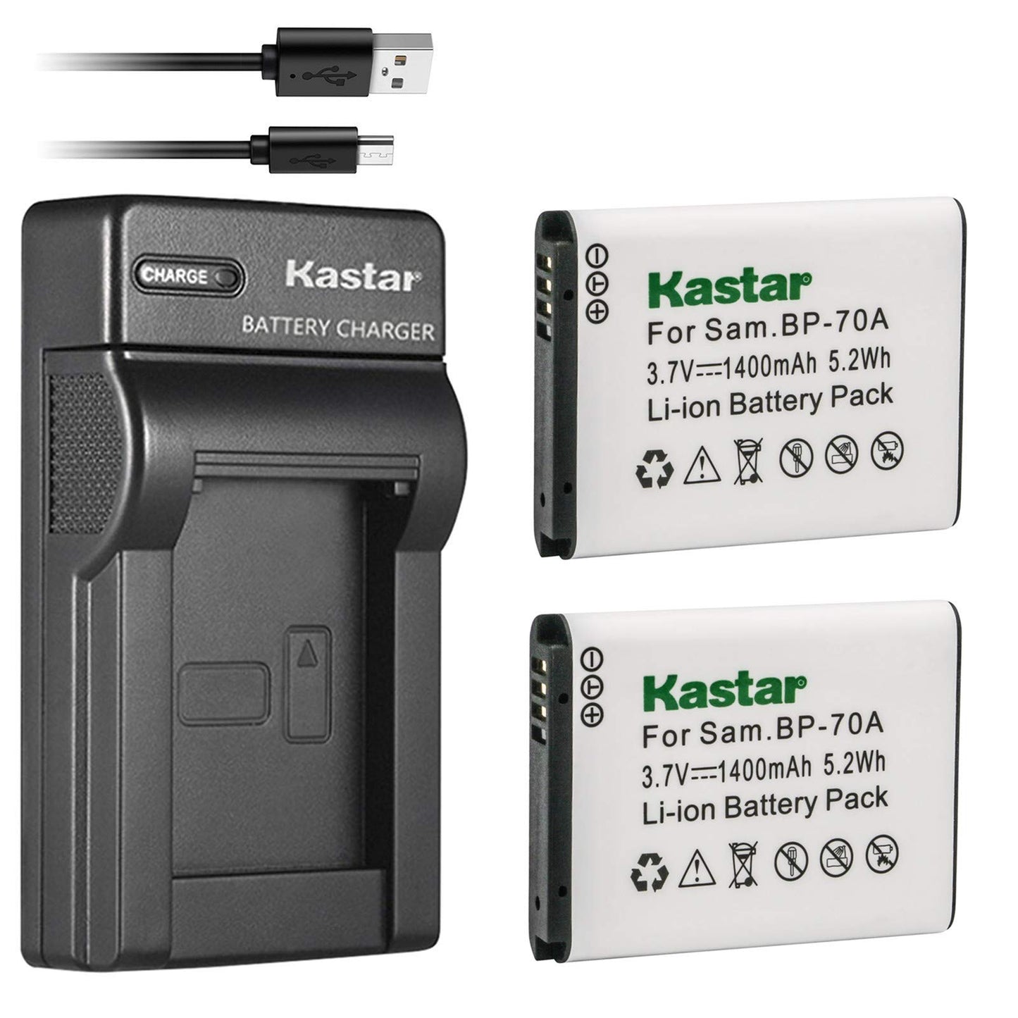 Kastar Battery (X2) & Slim USB Charger for Samsung BP-70A, BP70A, EA-BP70A and ES65 ES67 ES70 ES71 ES73 ES74 PL80 PL81 PL100 PL101 SL50 SL600 SL605