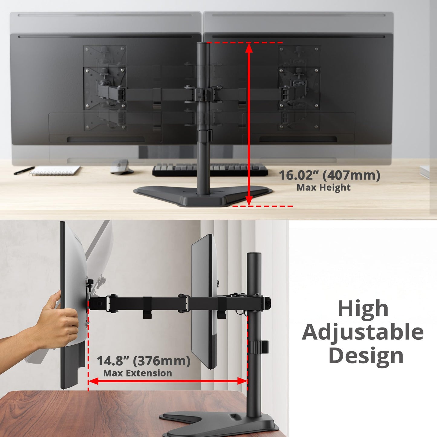 SIIG Articulated Freestanding Dual Monitor Desk Stand - 13"-32" - Max Load 19.8 lbs - 75x75mm/100x100mm(CE-MT1U12-S1)