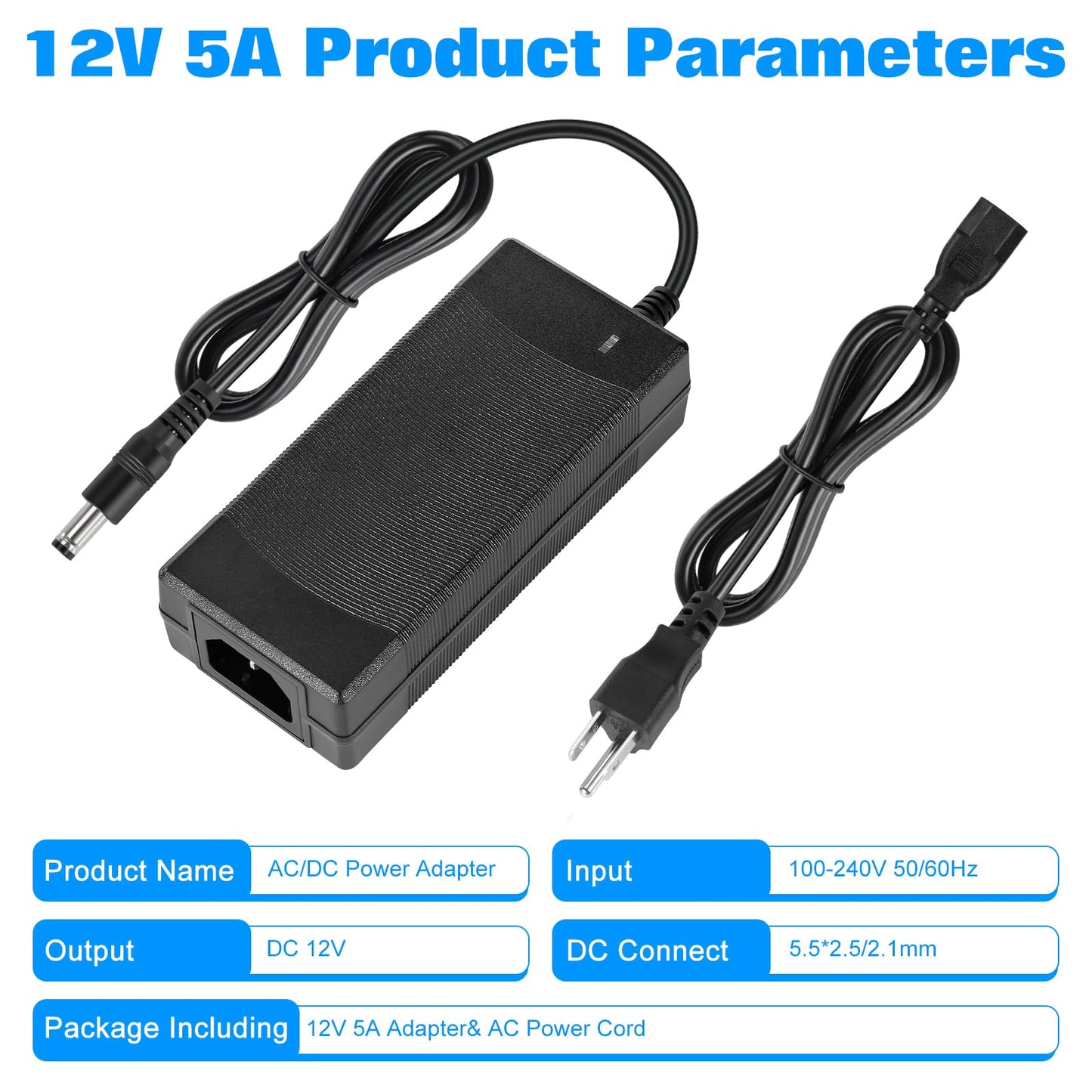 Power Supply 12V 5A,AC 100-240V to DC12V 60W Converter Adapter Driver Transformer with 5.5mm x 2.5mm Jack, US Plug for Led Strips,LCD Monitors,CCTV…
