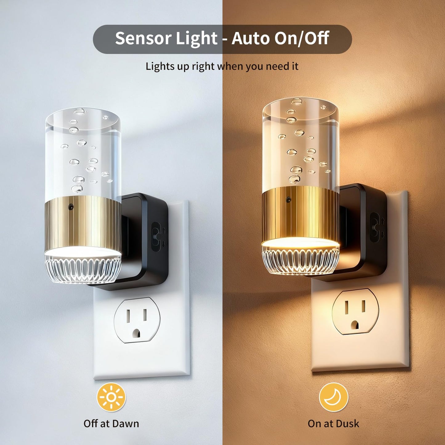 URLIGHTS Plug in Night Light with Dusk to Dawn Sensor, Adjustable 0-100LM LED Nightlight with 3 Color Temperatures, 180° Swivel, Acrylic Bubble Light
