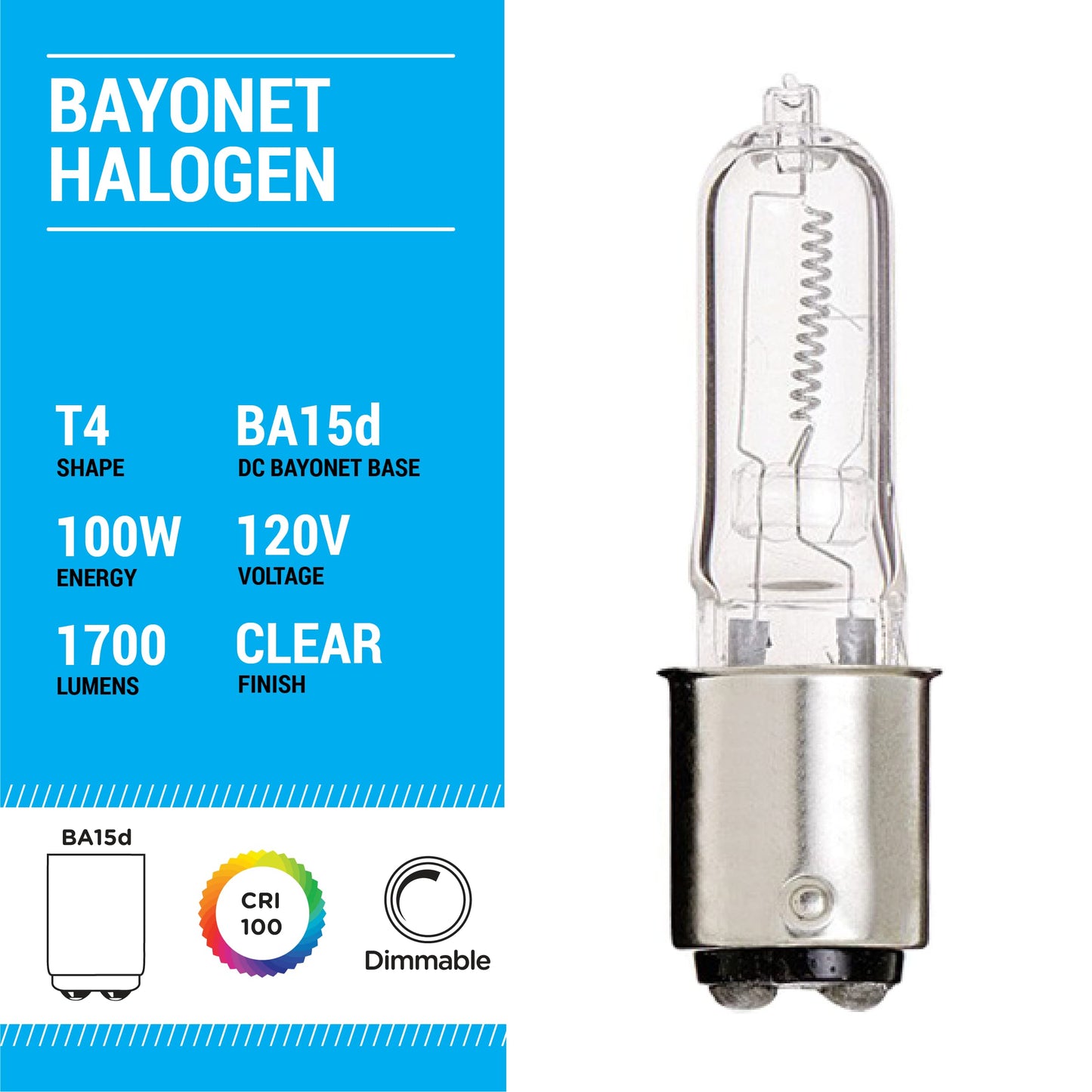 KOR Q100CL/DC T4 Halogen Light Bulbs, BA15D DC Bayonet Base, 100W, 4-Pack