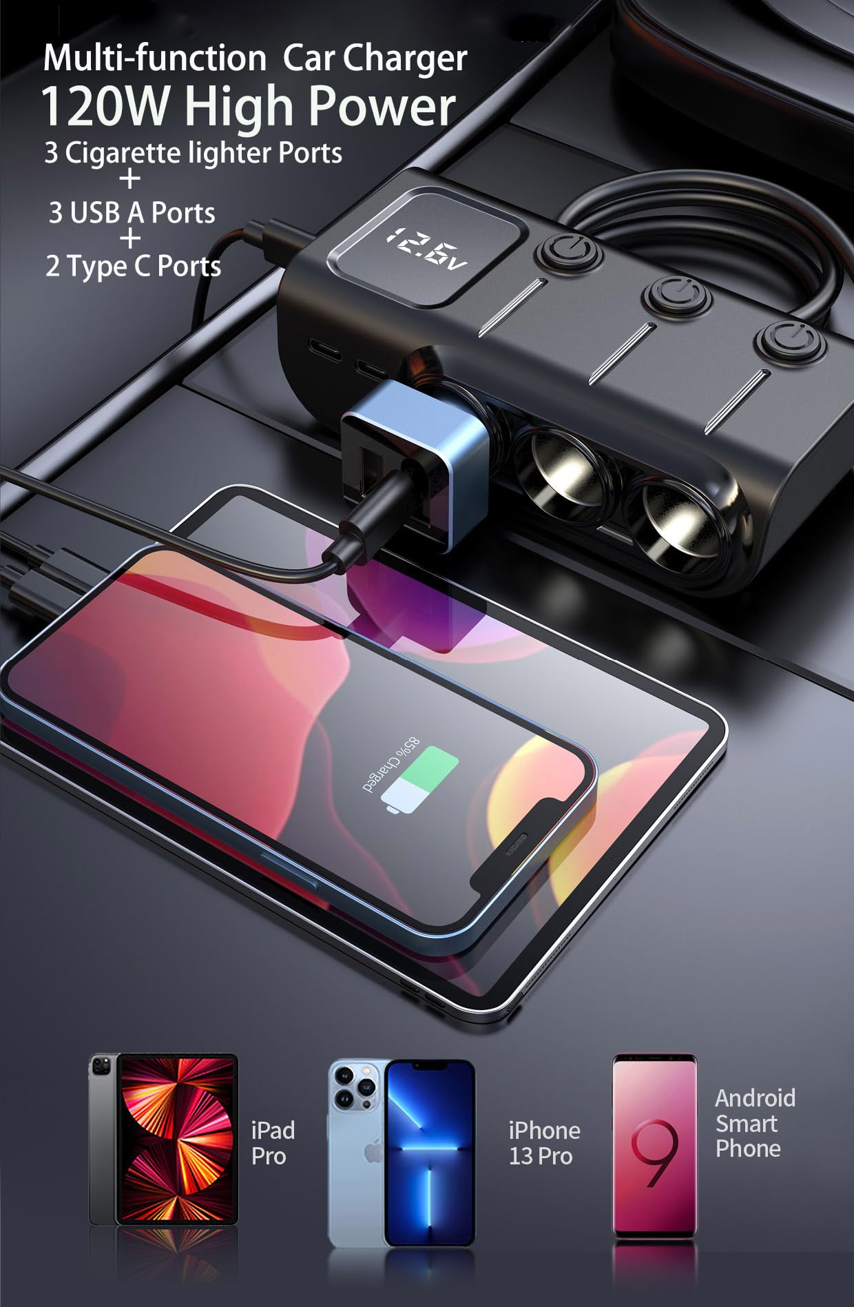 8 in 1 Cigarette Lighter Splitter, 120W 3 Socket Car Charger Adapter,5 USB,Type-C PD36W, Fast Charging,12V/24V Input, Built-in Protecter, Zero Risk
