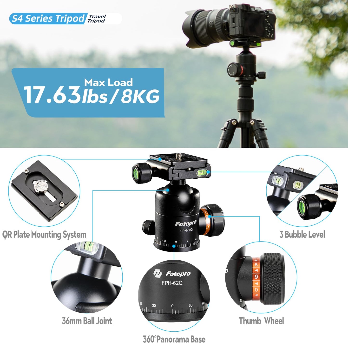 Fotopro 78" Camera Tripod, Aluminum Compact Travel Tripod and Monopod with 360° Ball Head Quick Release Plate, Professional Camera Tripod for DSLR