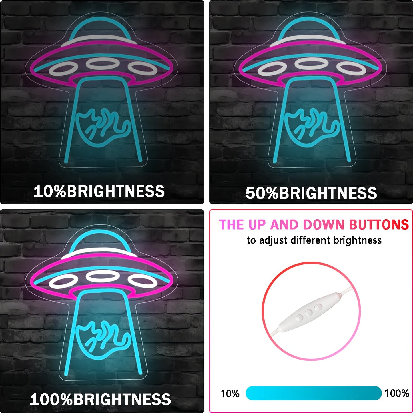 UFO cat neon sign, spaceship LED neon light, dimmable spaceship neon light, suitable for bedroom, children's space, playroom, neon wall decoration