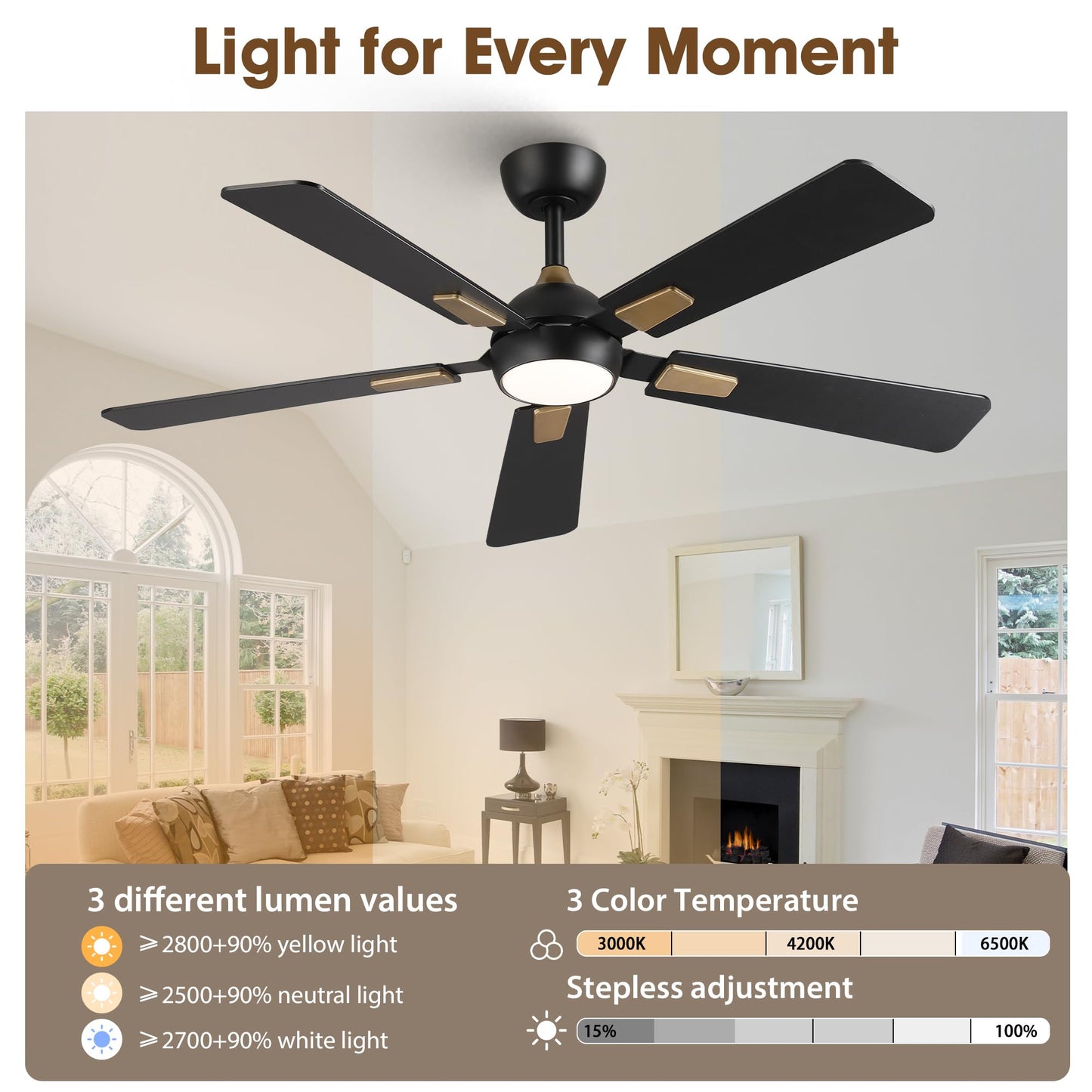 CalorHoga 52 Inch Ceiling Fan with Lights and Remote, DC Motor Quiet 6-Speed Reversible Fan, Dimmable LED 3000K/4000K/6000K, Smart APP Control, Modern