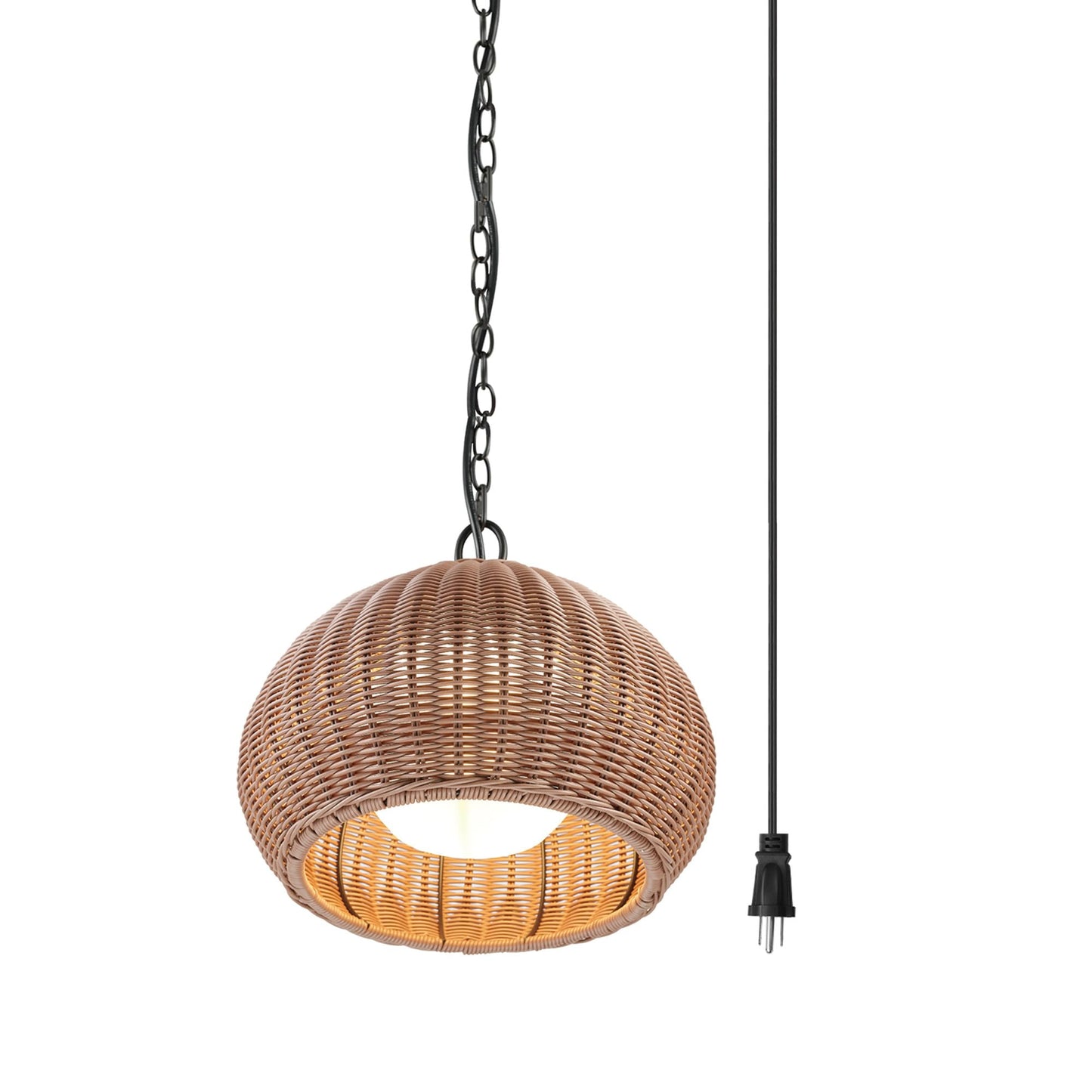 Globe Electric x Novogratz 44761 1-Light Outdoor Plug-in Pendant Lighting, Plastic Rattan Shade, Frosted Inner Layer, Bronze Hanging Cord and Chain