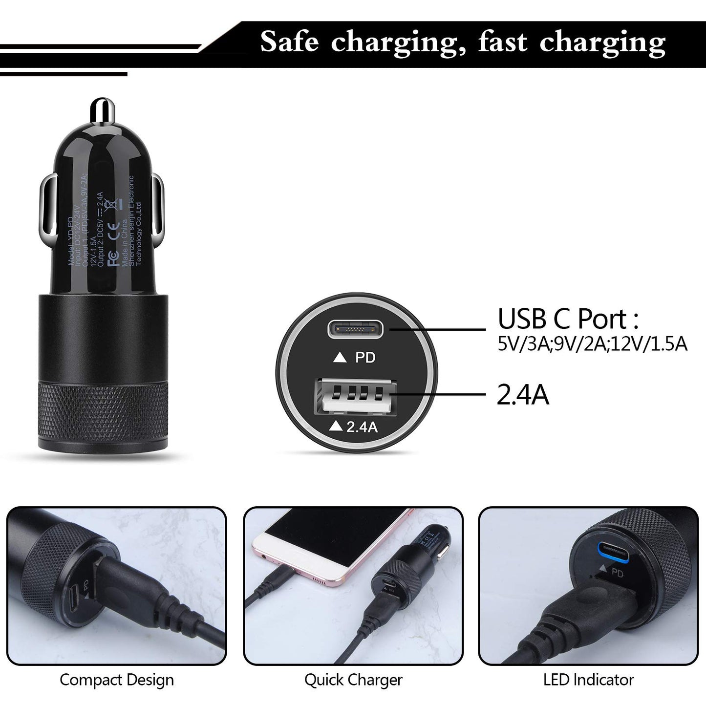 USB C Fast Car Charger,30W 3.0 PD Type C Car Adapter 2 Port USB C Car Plug Compatible for iPhone 17/16/15/14/13/12 Pro Max/11 Pro/SE/X/XR/8/7/6