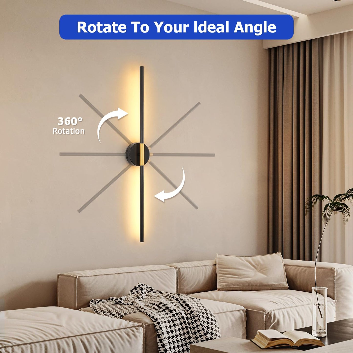 JOOSENLUX Battery Operated Wall Sconces Set of 2 - Gold & Black LED Wall Light, Dimmable, Remote?Control, Adjustable Arm, Cordless Aluminum Modern Art
