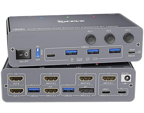 KCEVE KVM Switch 2 Monitors 3 Computers USB C HDMI DP, EDID, USB 3.0 KVM Switch Dual Monitor HDMI for 1 Laptops 2 Desktop, 73W PD, 4K@60Hz, Aluminum