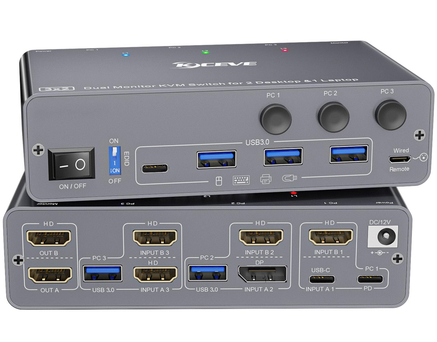 KCEVE KVM Switch 2 Monitors 3 Computers USB C HDMI DP, EDID, USB 3.0 KVM Switch Dual Monitor HDMI for 1 Laptops 2 Desktop, 73W PD, 4K@60Hz, Aluminum