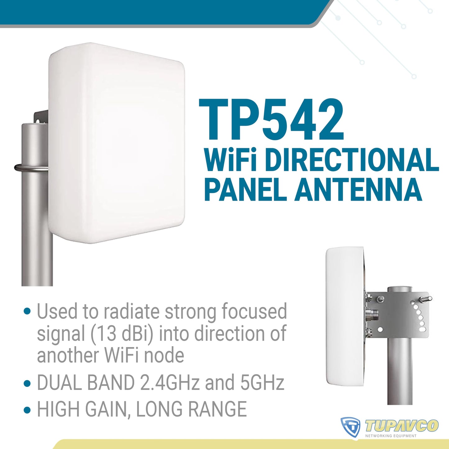 Tupavco TP542 Dual-Band (13dBi) Outdoor Directional Panel Antenna (2.4GHz & 5GHz WiFi) Wireless Network Signal (Pole Mast Mount) Weatherproof