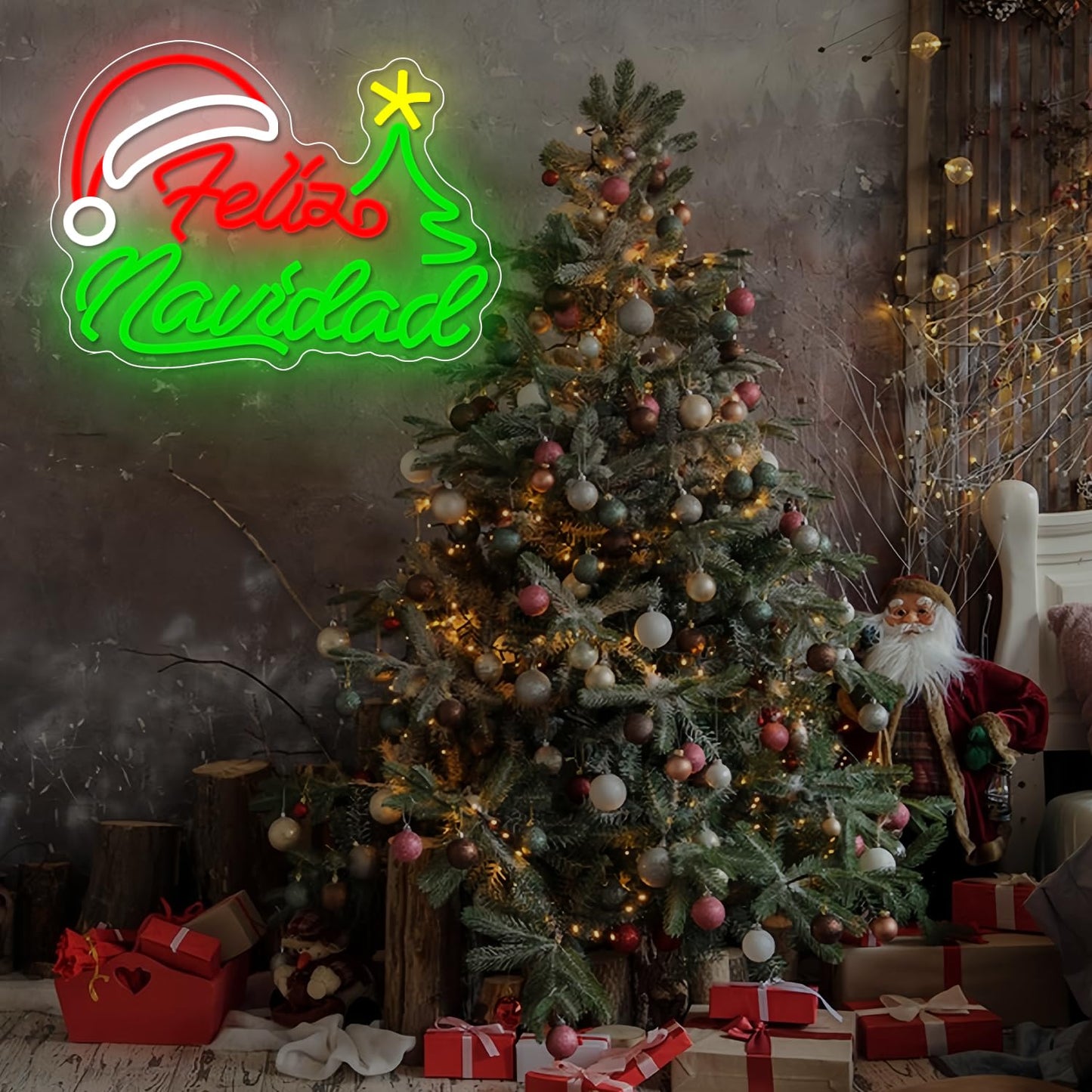 Feliz Navidad Neon Sign Dimmable Merry Christmas Neon Sign for Wall Decor Christmas Tree Neon Light Mexican christmas Light Up Sign for Bedroom Living