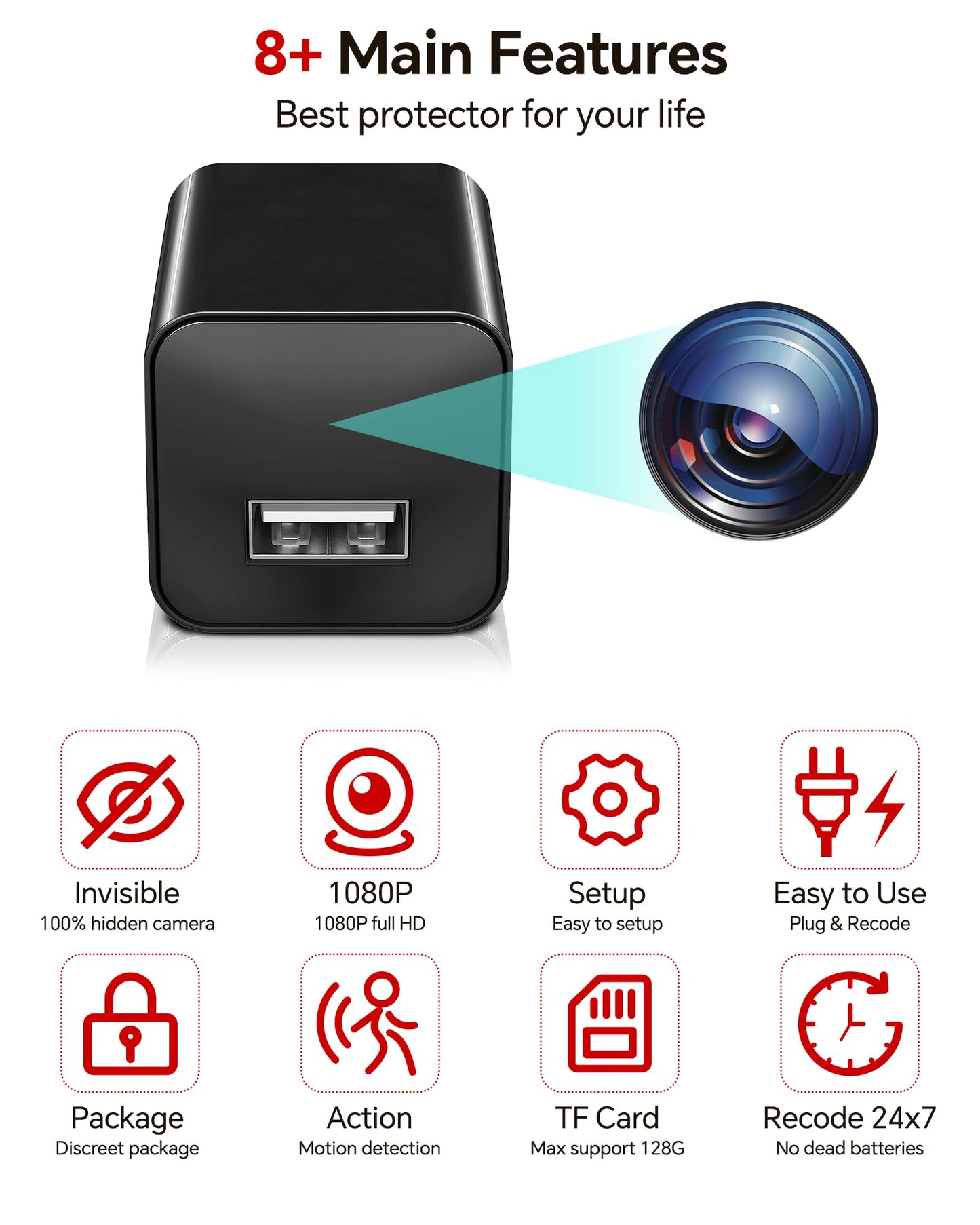 yvn 64GB Camera Charger,HD 1080P,Camera with Motion Detection,No Need for WiFi