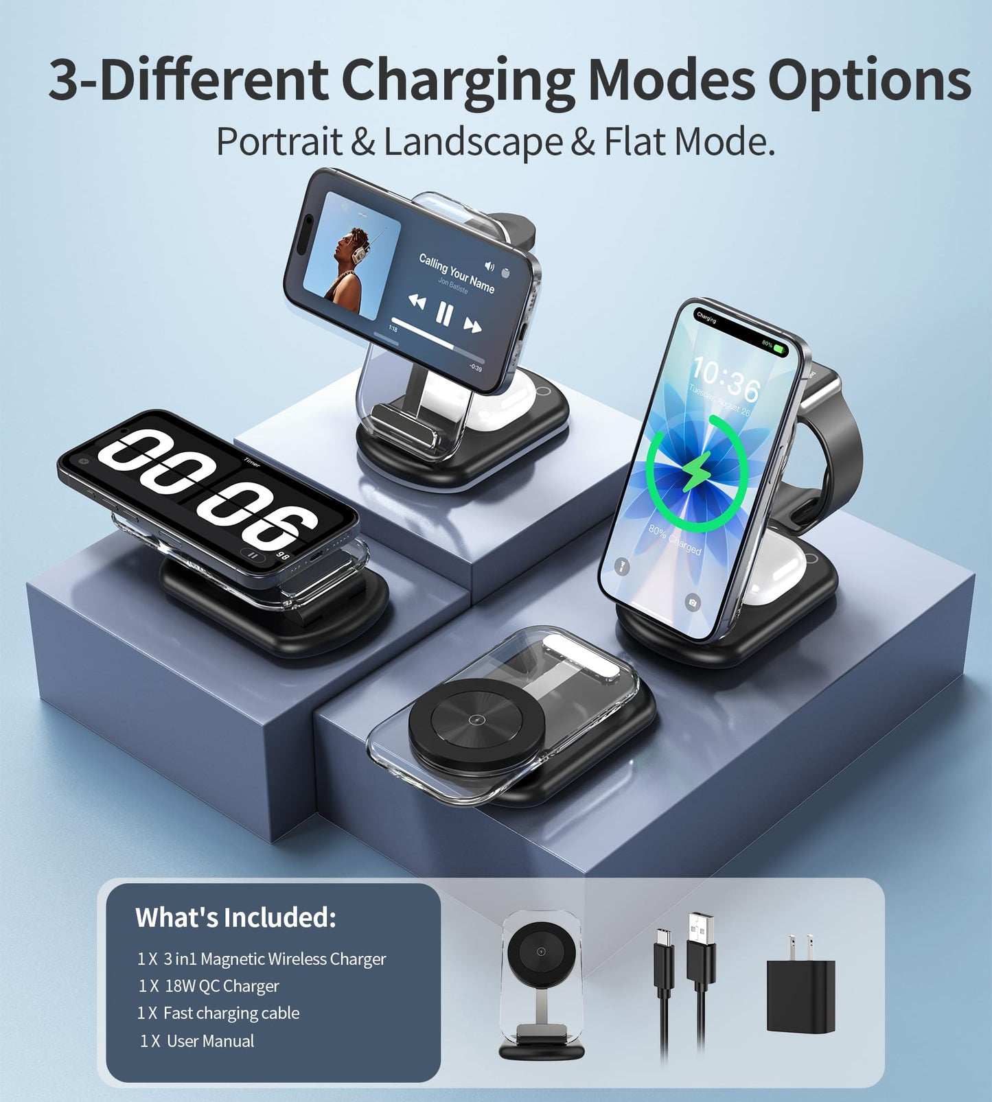 3 in 1 Magnetic Wireless Charging Station for Apple Devices, Fast Foldable Travel Mag-Safe Charger Stand with Night Light for iPhone 17 16 15 14 13 12