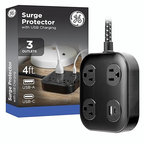 GE UltraPro 3-Outlet Surge Protector with USB, 245 Joules, 1 USB-A & 1 USB-C Port, 4ft Braided Extension Cord, Flat Plug, Adapter-Spaced Outlets, ETL