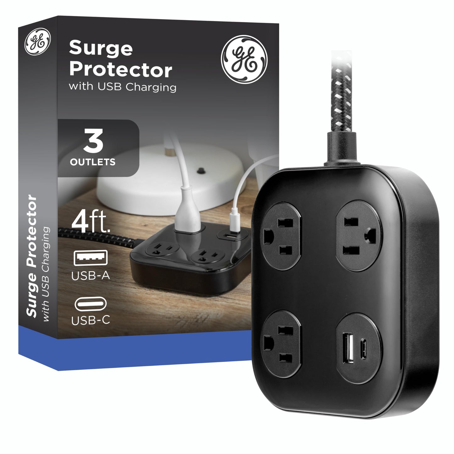GE UltraPro 3-Outlet Surge Protector with USB, 245 Joules, 1 USB-A & 1 USB-C Port, 4ft Braided Extension Cord, Flat Plug, Adapter-Spaced Outlets, ETL