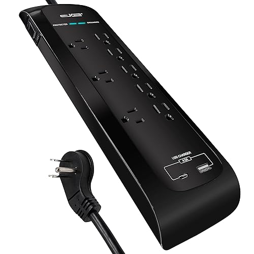 Digital Energy USB-C and USB-A 8 Outlet 8 Outlet 4200 Joules Surge Protector Power Strip, 3 Wide Spaced Outlets, 6 Foot 14/3 AWG Cord, Black