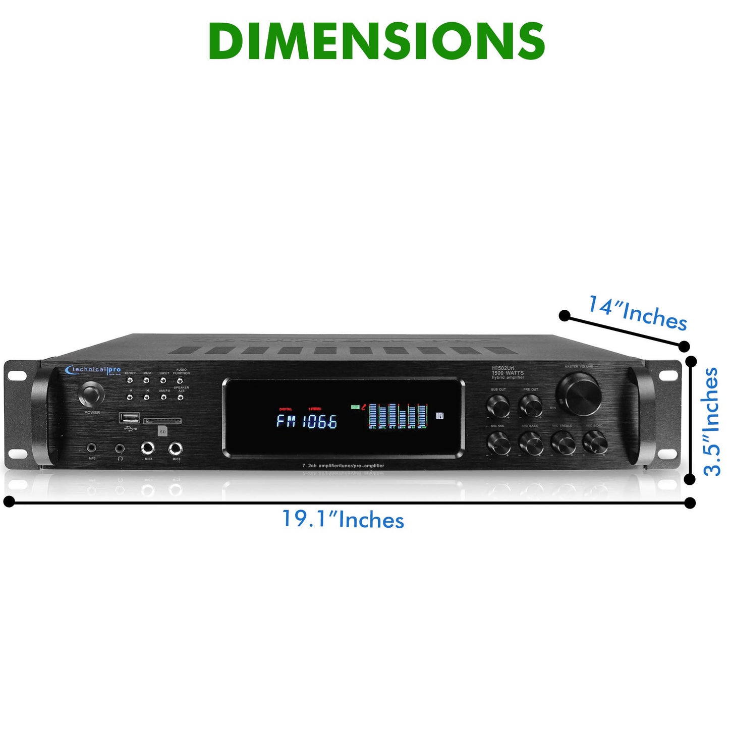 Technical Pro 1500 Watt Multi-Channel Bluetooth Home Stereo Digital Hybrid Amplifier with USB and SD Inputs, 2 Mic Inputs, AM/FM Digital Tuner