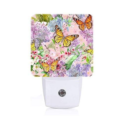 Spring Flowers and Butterflies Night Light ,Plug Into Wall Decor for Stairway,Hallway,Kitchen,Dusk To Dawn Sensor Nightlights for Boys/Girls/Women/Men