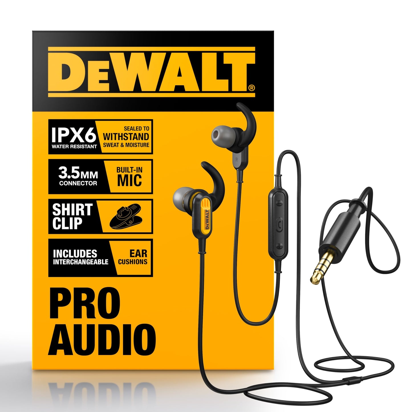 DEWALT Heavy Duty Wired Earphones with Microphone, Jobsite Earbuds Wired 3.5mm, Water-Resistant 3.5mm Earbuds with Mic, Connected Headphones