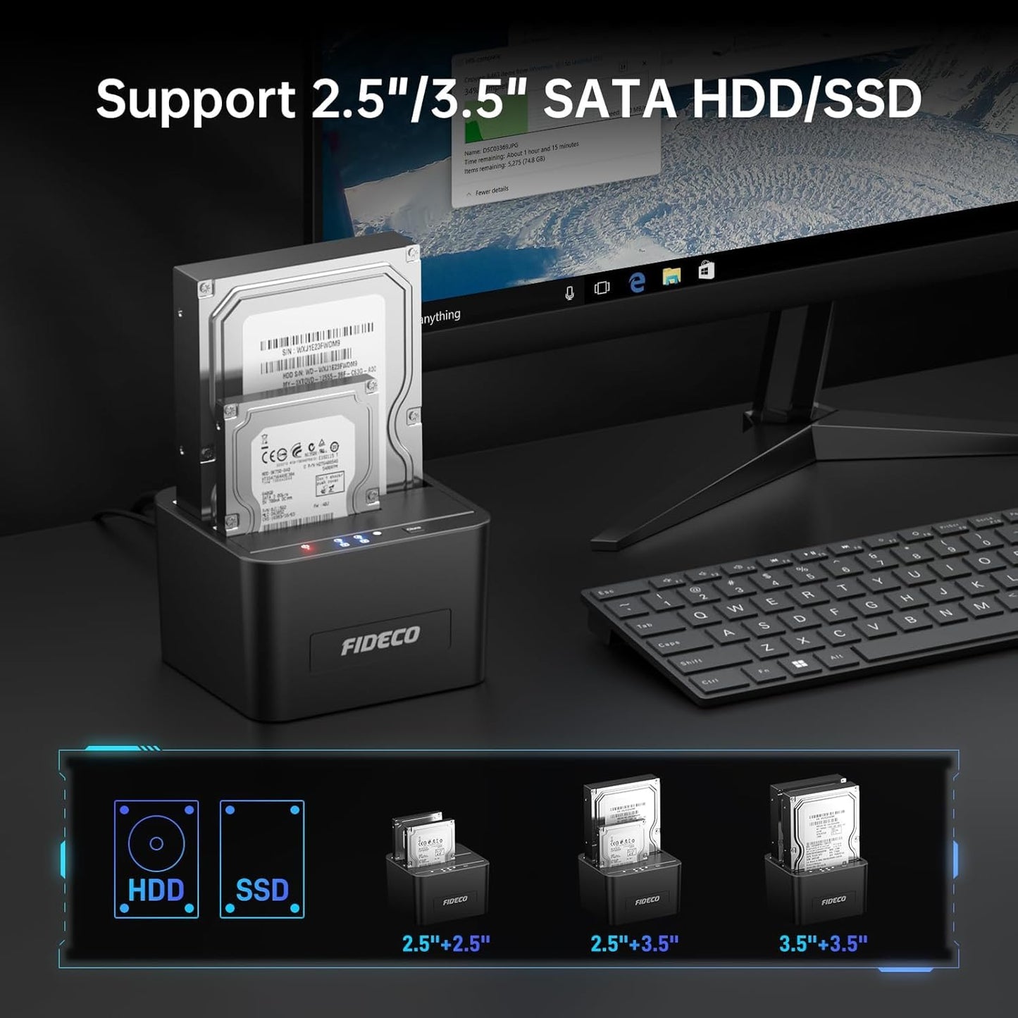 FIDECO External Hard Drive Docking Station, Hard Drive Dock for 2.5 and 3.5 inch SATA HDD SSD, HDD Docking Station with Dual Bay, USB 3.0 Hard Drive