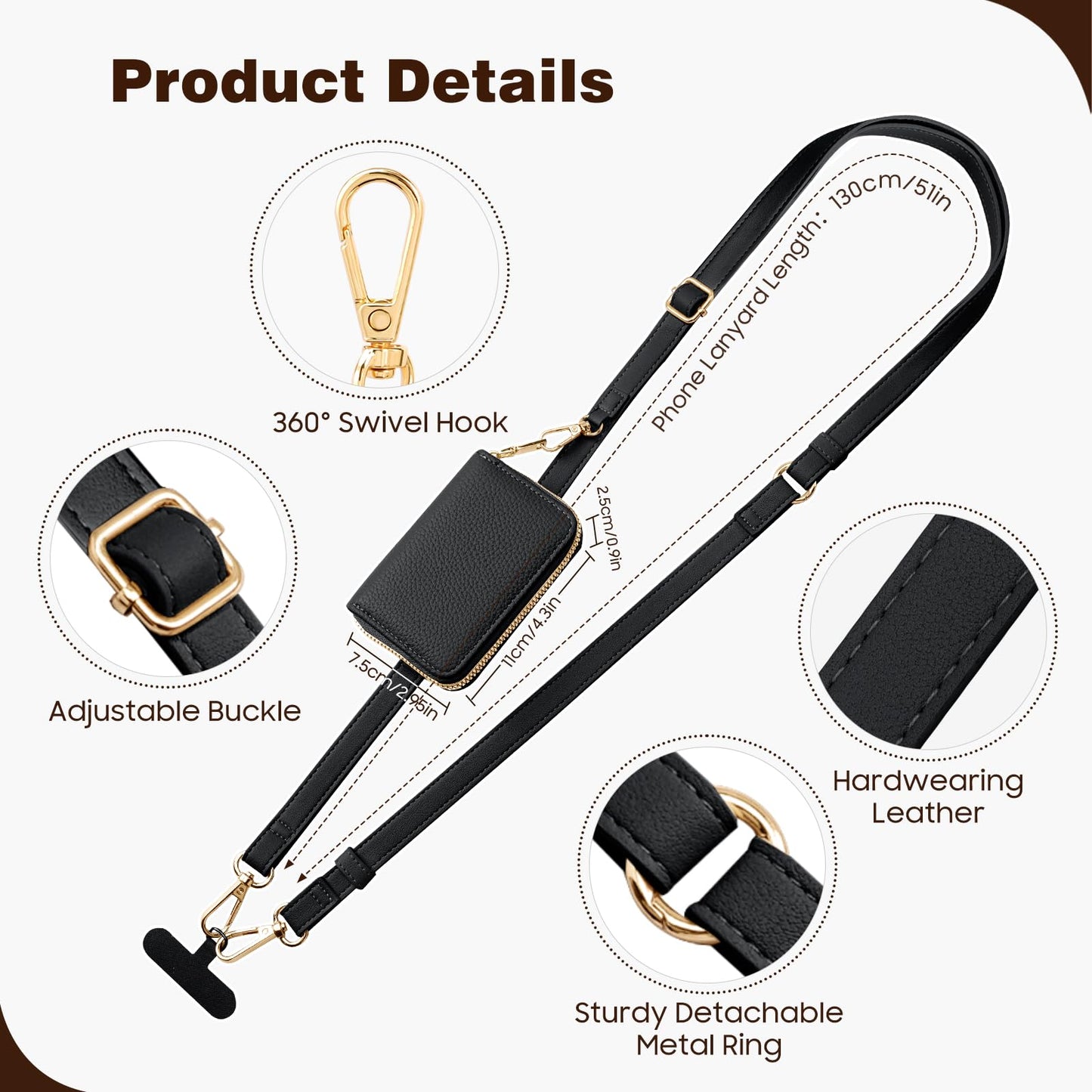 TiMOVO Phone Lanyard, Strap with Leather Wallet Pouch, Universal Crossbody Phone Lanyard Adjustable Neck Strap, Compatible with Most Smartphones