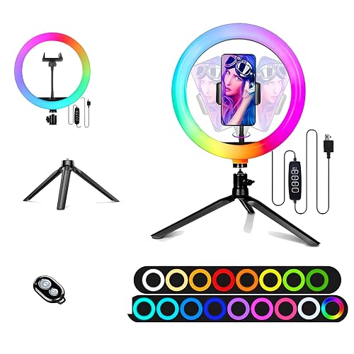 TRIPODTREE 10" Selfie Ring Light with 4" Desktop Tripod Stand & 1 Phone Holder, LED Ringlight with Dimmable Modes(RGB)