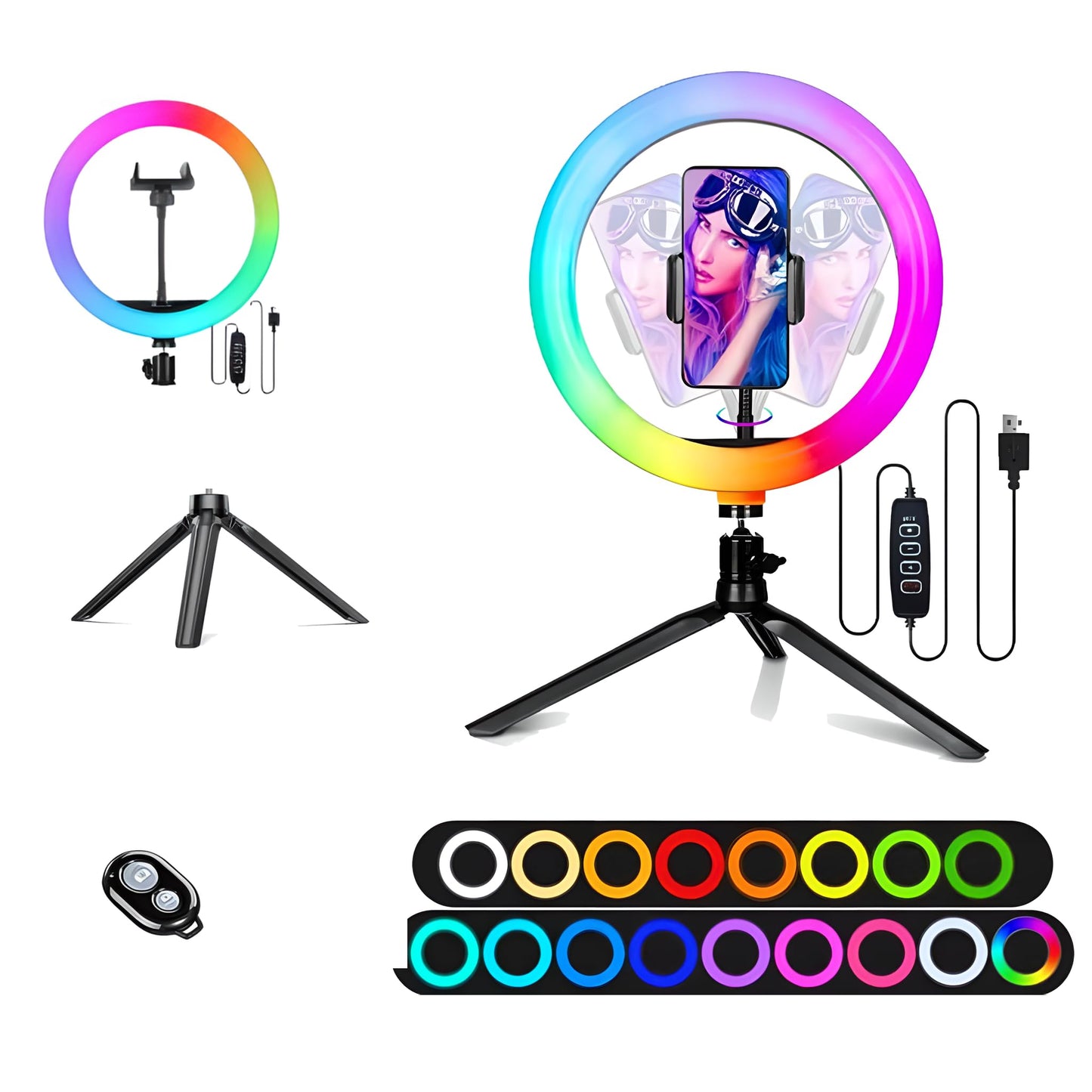 TRIPODTREE 10" Selfie Ring Light with 4" Desktop Tripod Stand & 1 Phone Holder, LED Ringlight with Dimmable Modes(RGB)