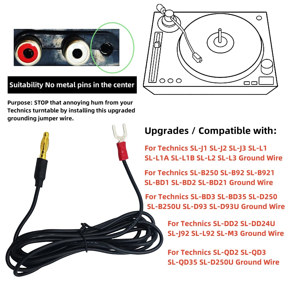 Turntable Grounding Wire for Technics SL-B92 B250 J1 J2 J3 L3 SL-10-5ft Ground Cable with Gold Plated Plug