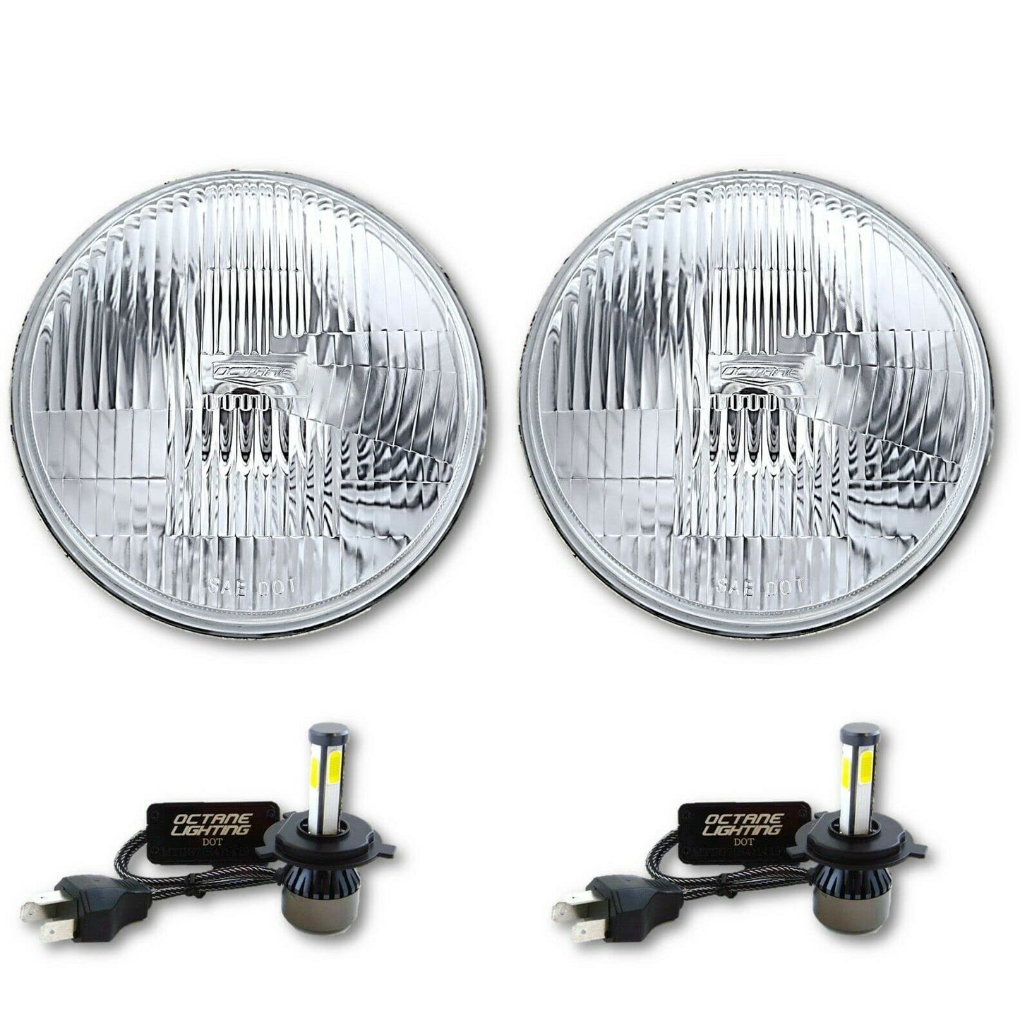 Octane Lighting 7 Inch Stock Style H4 Glass Headlight LED 4000 Lumens 20/40w Light Bulb Headlamp Pair