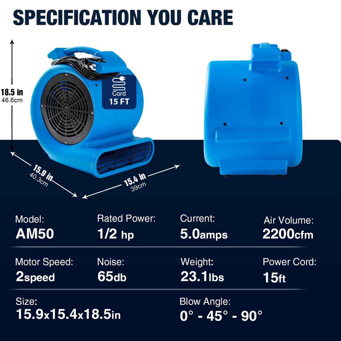 Mounto 1/2hp Air Mover Floor Drying Blower Fan - Powerful 1/2HP Motor Carpet Dryer, 2200 CFM Air Flow, Lightweight Design, 2-Speed Settings