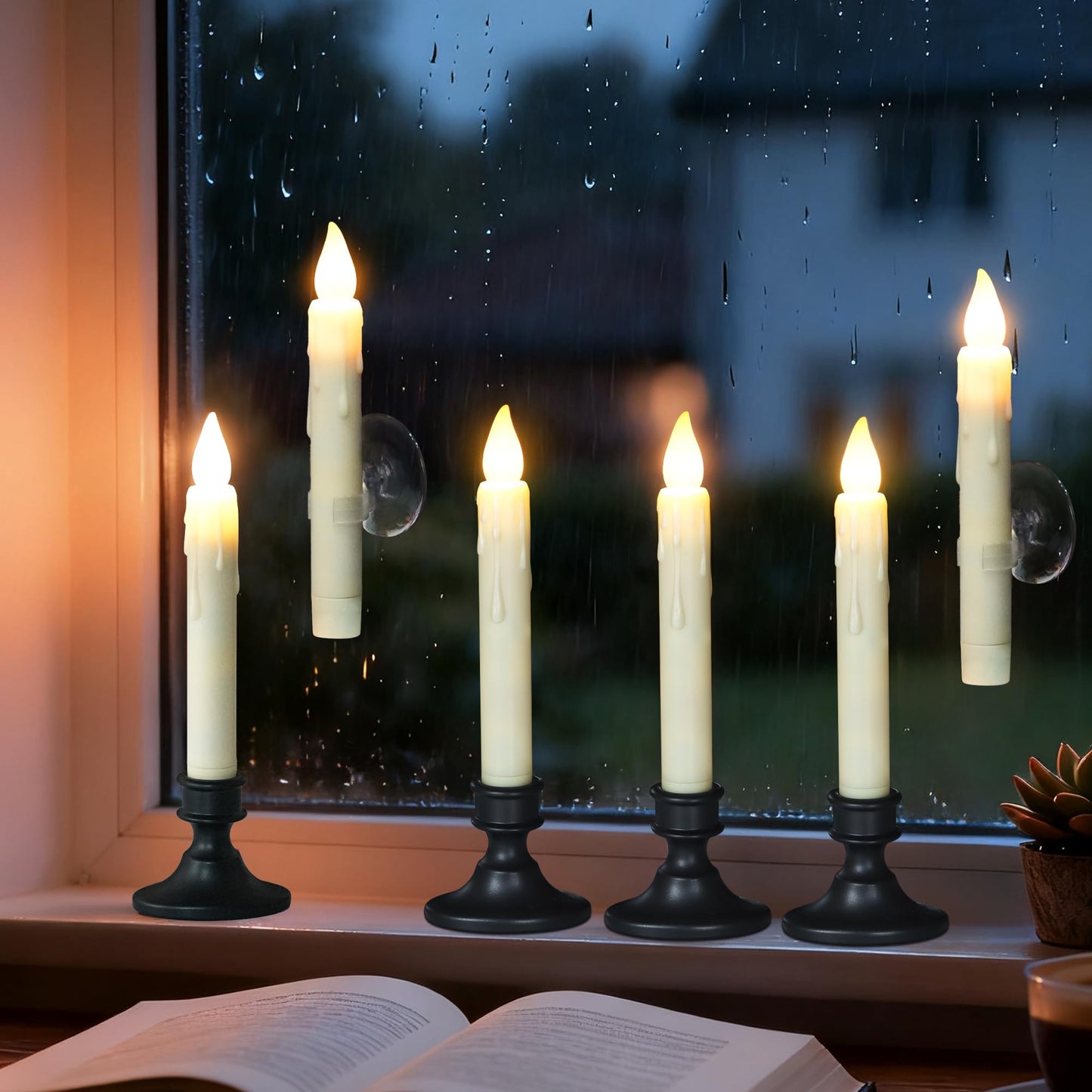 FREEPOWER Battery Operated LED Window Candles with Dusk to Dawn Sensor, Ivory Flameless Flickering Candlesticks with Suction Cups & Removable Black