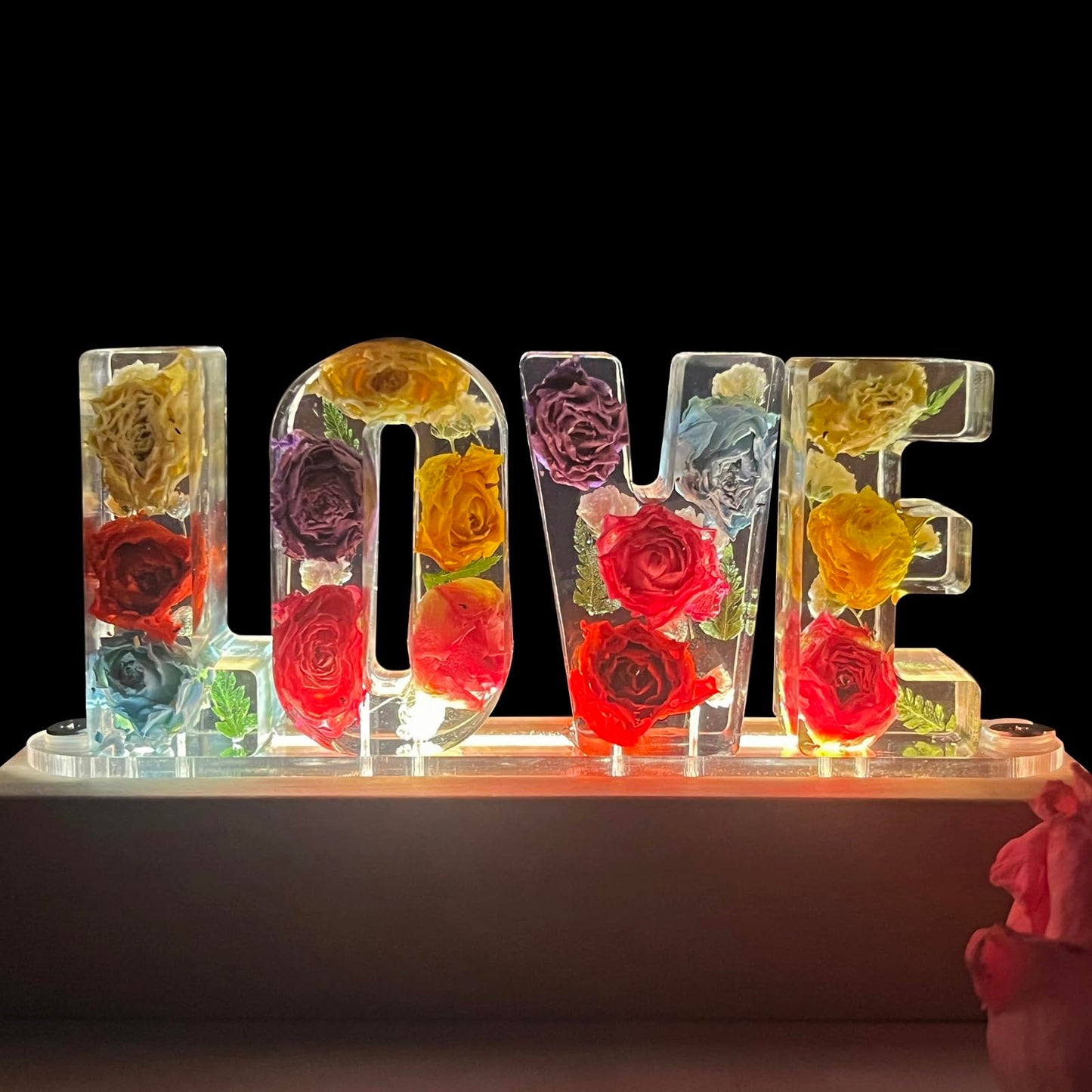 Sleeping Piggy Handmade Floral Resin Dried Roses Night Light Pressed Dry Flower Lights Lamp Gifts for Women Girls Bedroom Decor