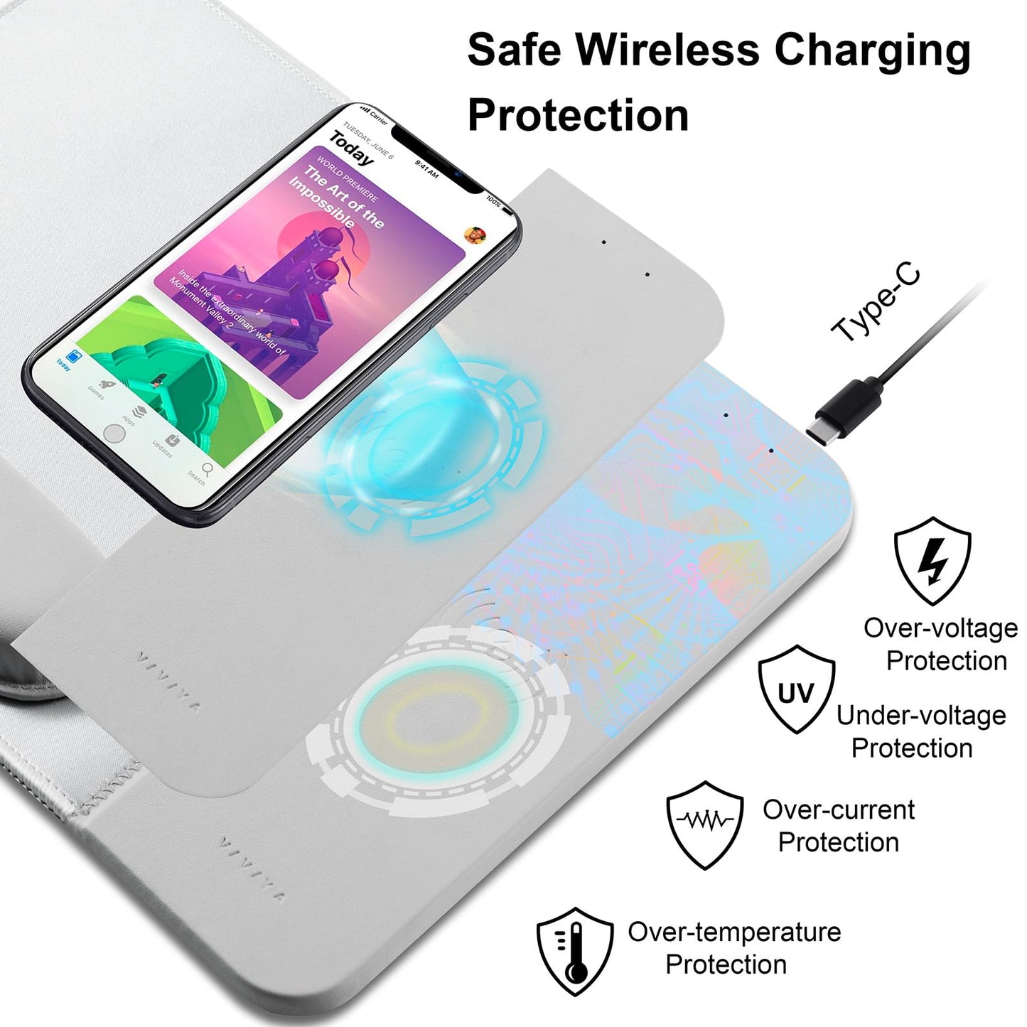 VIVIYA 15W Wireless Charging Mouse Pad with Detachable Wrist Support and 20W Power Adapter, Fast QI Wireless Phone Charger Mouse Mat for iPhone 16/15