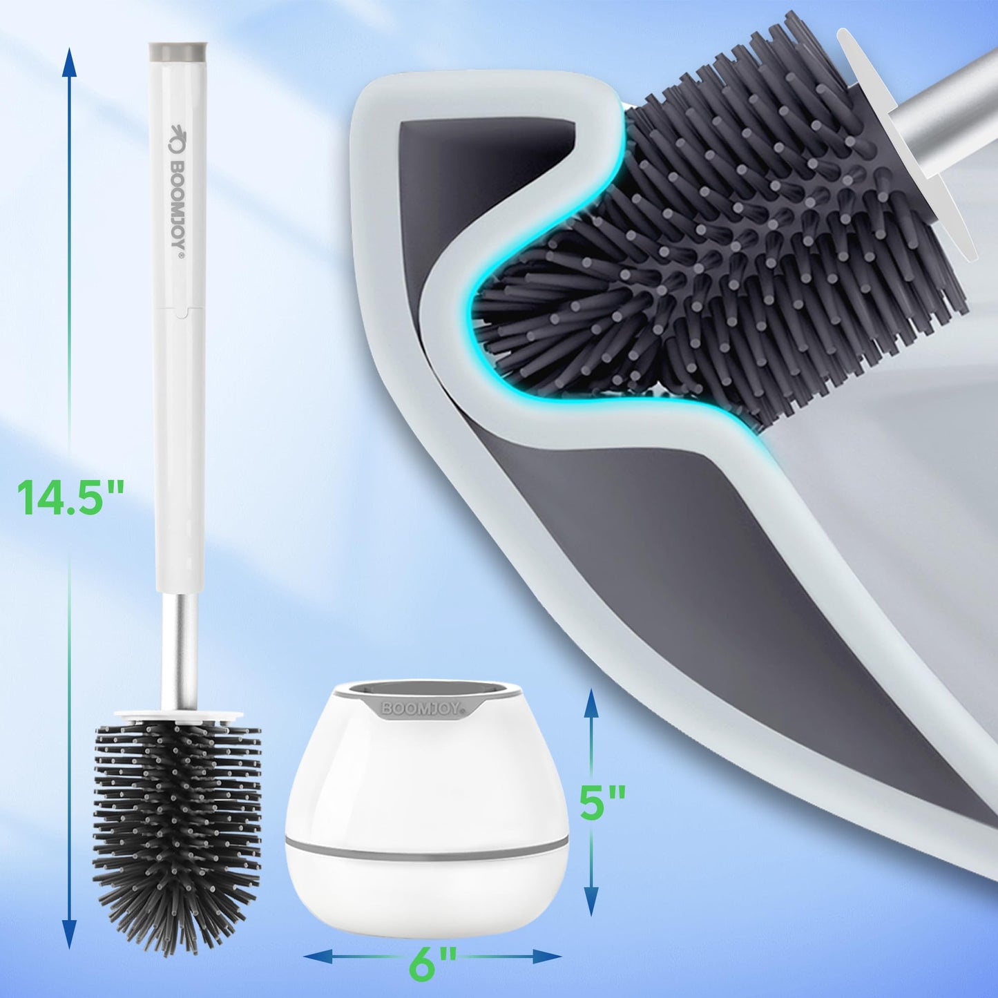 BOOMJOY Silicone Toilet Brush and Holder Set, Bathroom Cleaning Kit with Tweezers & Aluminum Handle – White