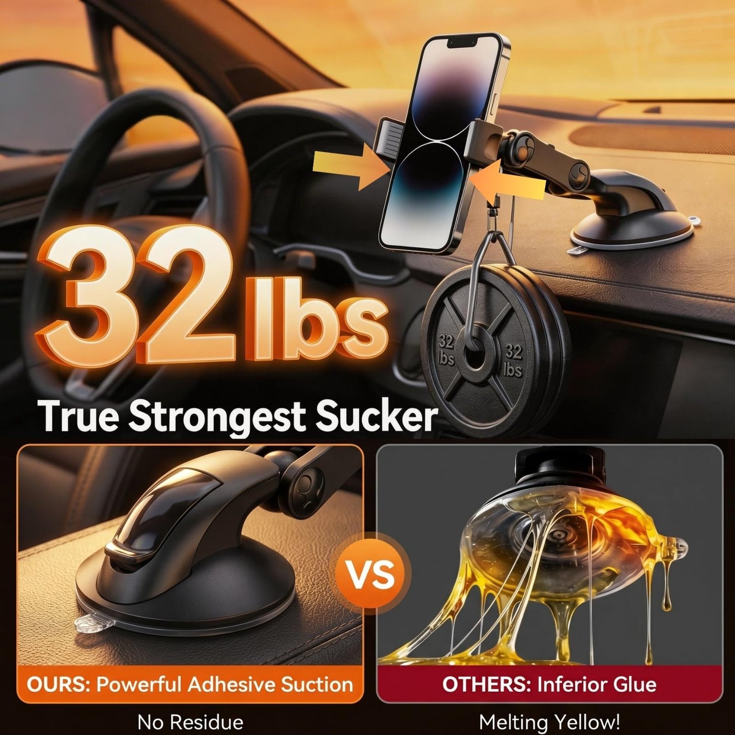 YUHENG Car Phone Holder for Windshield & Dashboard, Lock Suction Cup Phone Mount with 3-Axis 360° Adjustable Arm, Anti-Shake Clamp, Heat Resistant