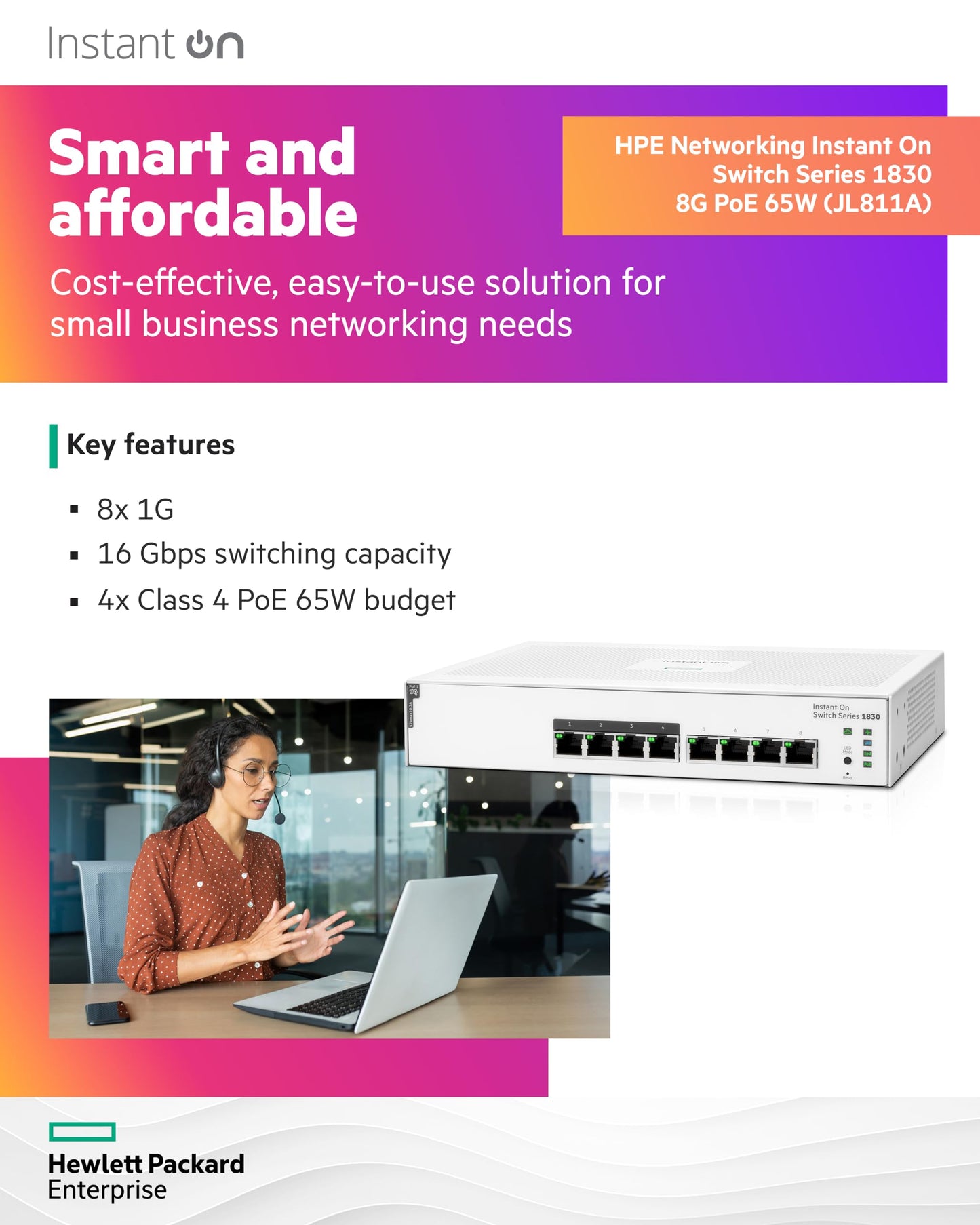 HPE Networking Instant On Switch Series 1830 8-Port Gb Smart-Managed Layer 2 Ethernet Switch with PoE | 8X 1G | 4X CL4 PoE (65W) | Fan-Less | US Cord