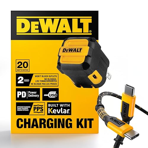 DEWALT 20W Dual USB-C Wall Charger Kit - PD & PPS Type C Fast Charging Adapter w/Folding Prongs, Never-Block-Outlet Design, Includes 4ft USB-C Cable