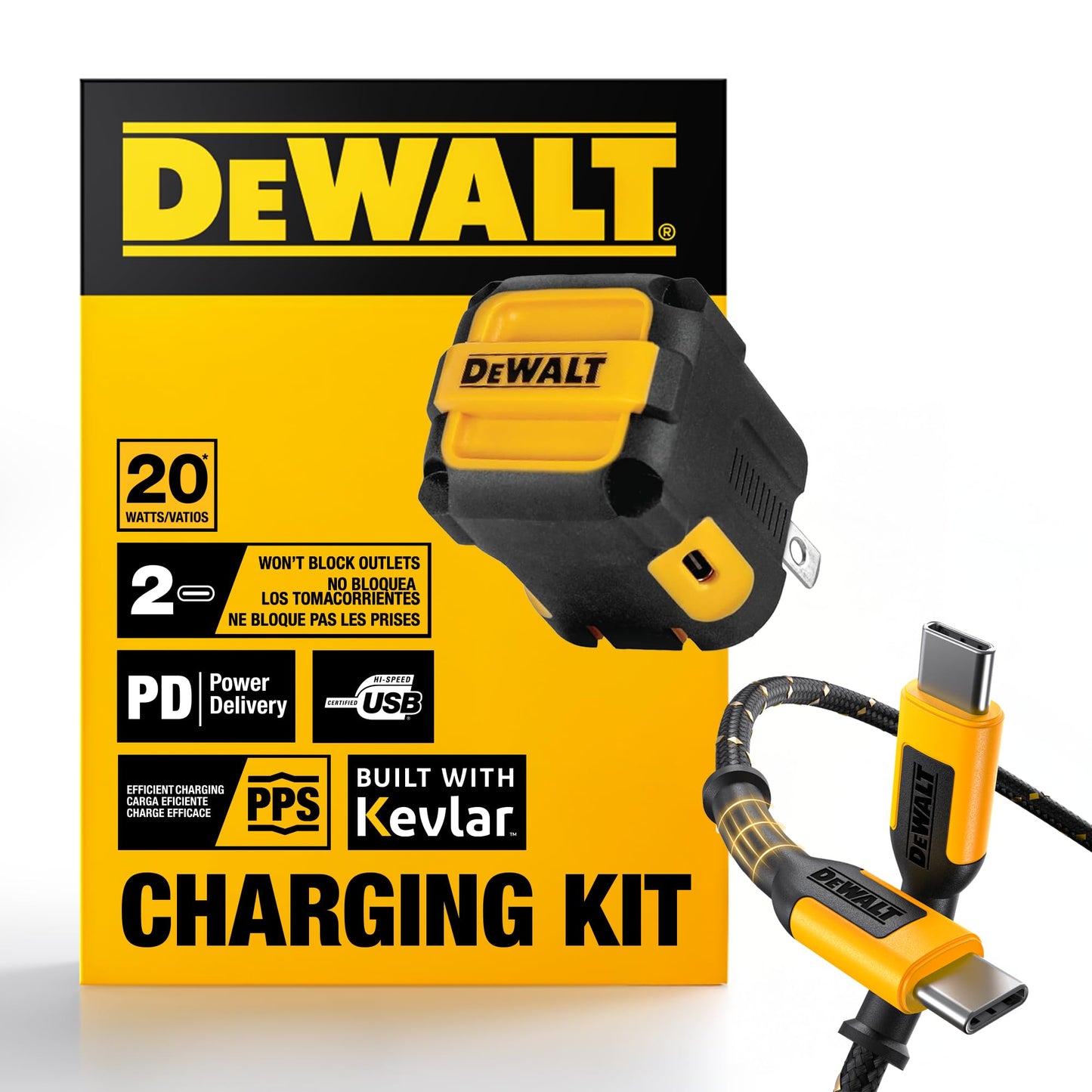 DEWALT 20W Dual USB-C Wall Charger Kit - PD & PPS Type C Fast Charging Adapter w/Folding Prongs, Never-Block-Outlet Design, Includes 4ft USB-C Cable
