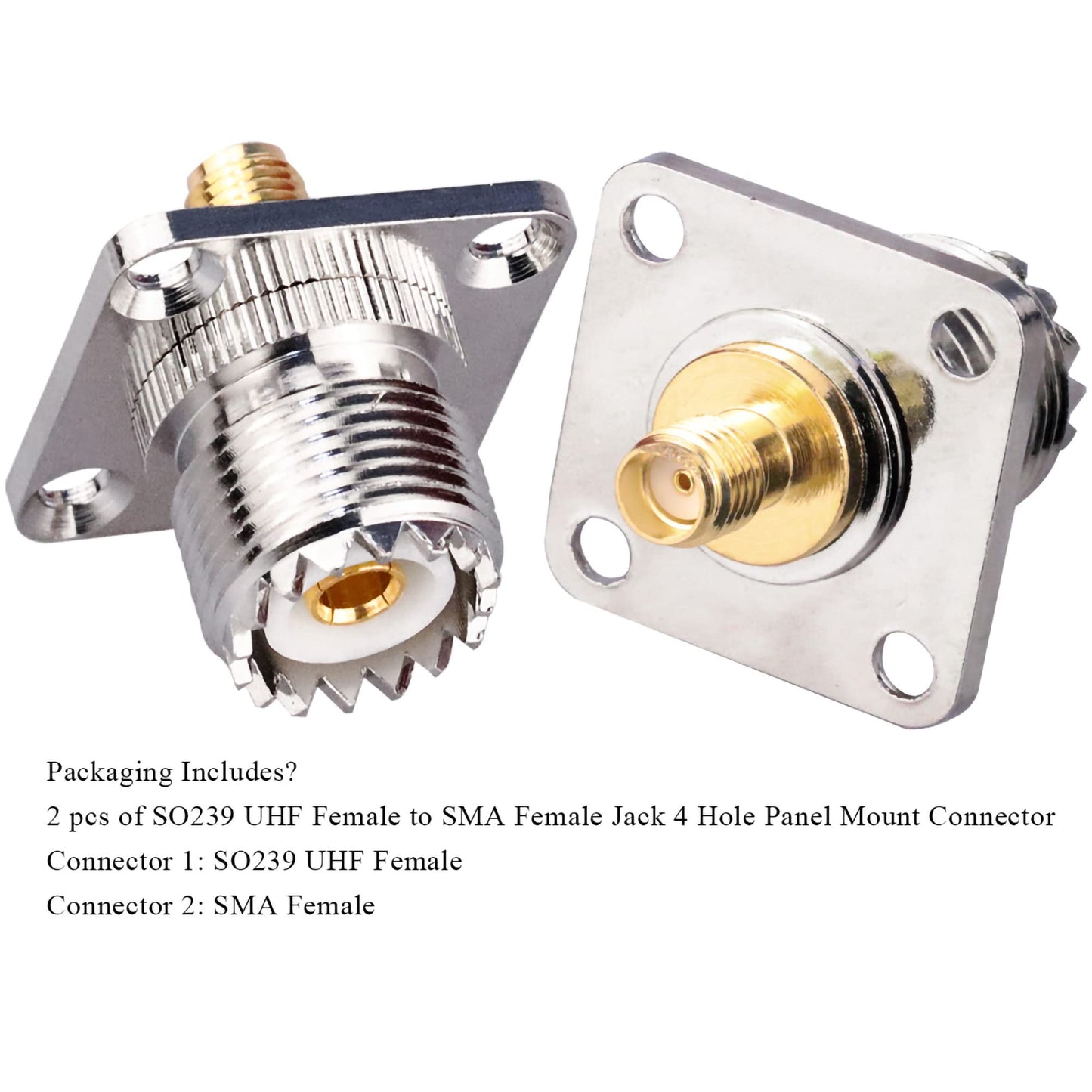 TUOLNK SMA to UHF Female Jack Panel Chassis Mount RF Coax Adapter SO239 PL259 4-Hole Flange for Jumper Cable Coaxial Connector 2 Pack