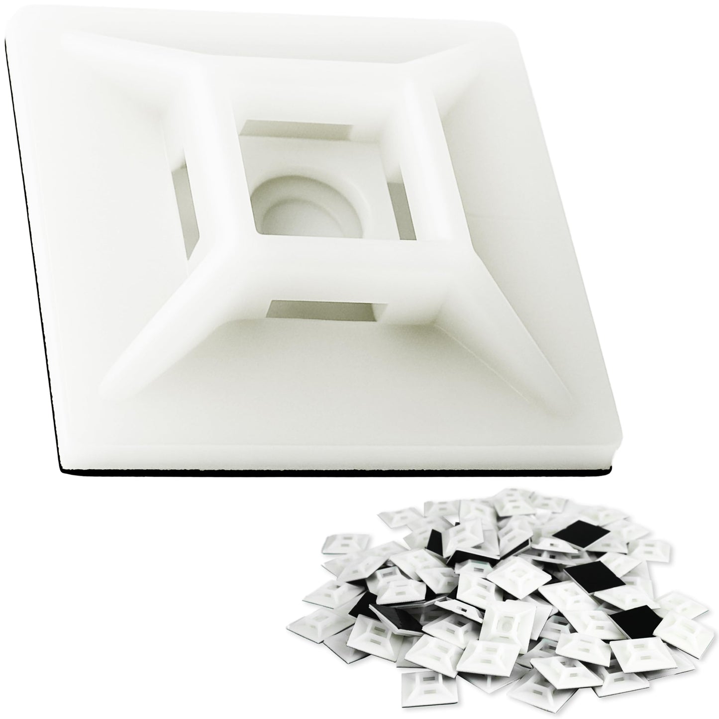 Large, Premium Zip Tie Adhesive-Backed Mounts 100 Pk by Phyxology Supply. Pro-Grade, UV White Cable Tie Bases: 1.1 in x 1.1 in. Screw-Hole Anchor