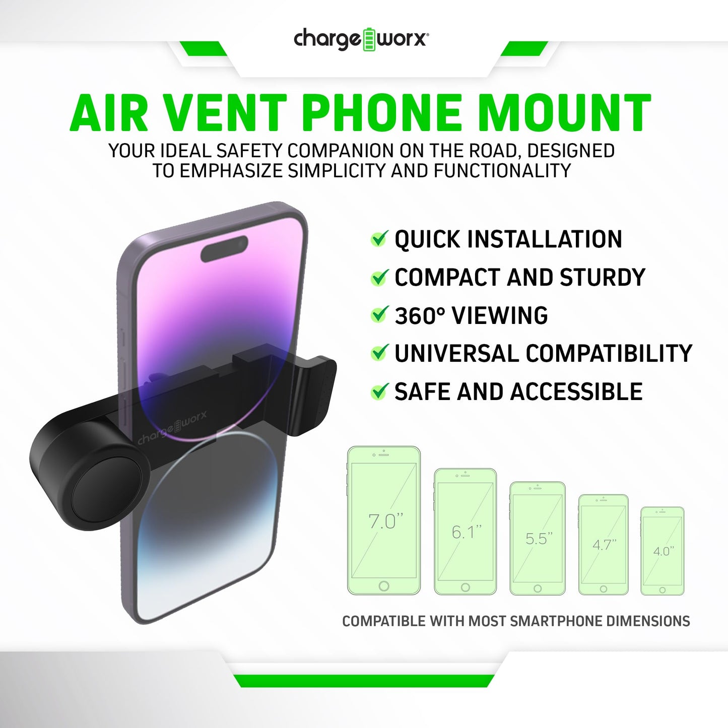 CHARGEWORX Car Vent Phone Mount, Universal Air Vent Holder with 360 Rotation, Hands Free Smartphone Mount Compatible with iPhone 17 Pro Max, Samsung